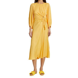 Farm Rio Piping Cut-Out Satin Puff Sleeve A-Line Midi-Dress Yellow Women's XS